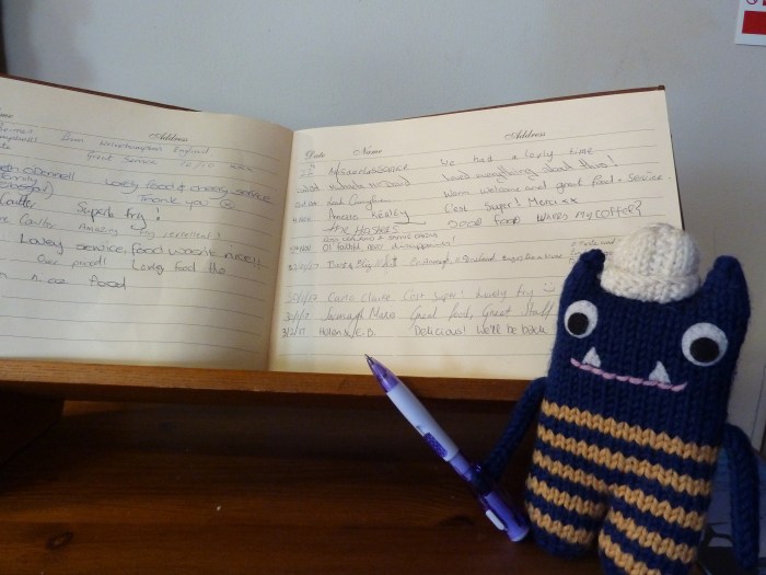 Signing the Visitors' Book - CrawCrafts Beasties