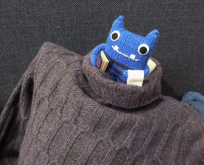 Beastie Modelling the Laitis Sweater - CrawCrafts Beasties, Beastie HQ