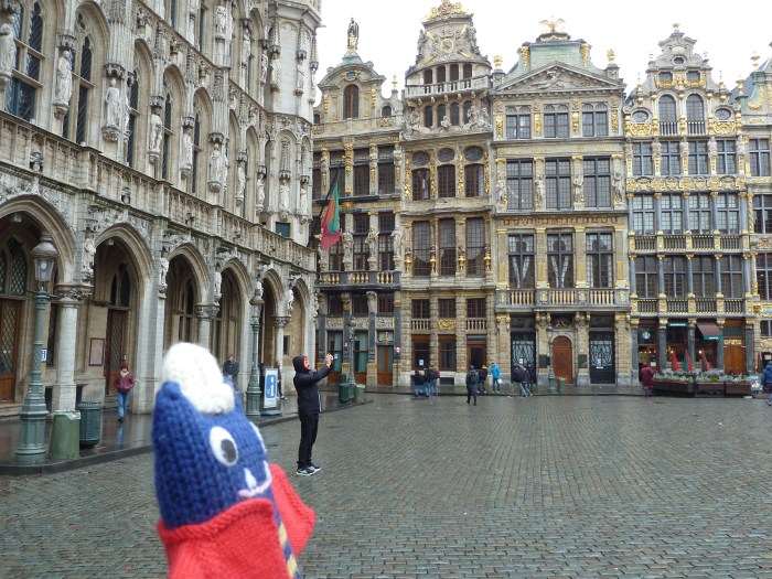 Explorer Beastie in the Grand Place, Brussels - CrawCrafts Beasties
