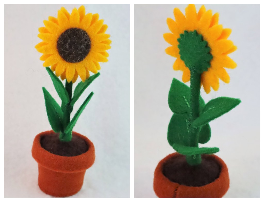 A Beastie-sized Sunflower with Felt Leaves, Petals and Pot - CrawCrafts Beasties